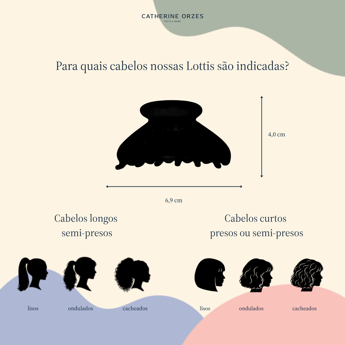 Guia de tamanho da presilha Lotti — 6,9 cm de comprimento por 4 cm de altura