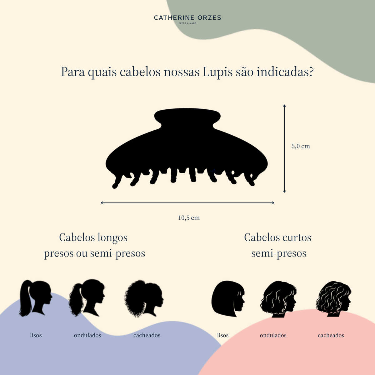 Guia de tamanho da presilha Lupi — 10,5 cm de comprimento por 5 cm de altura